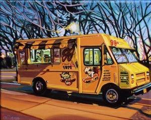 JJ's Hot Dog Truck I by Maria Mijares | Acrylic on Linen Yellow food truck in an evening setting