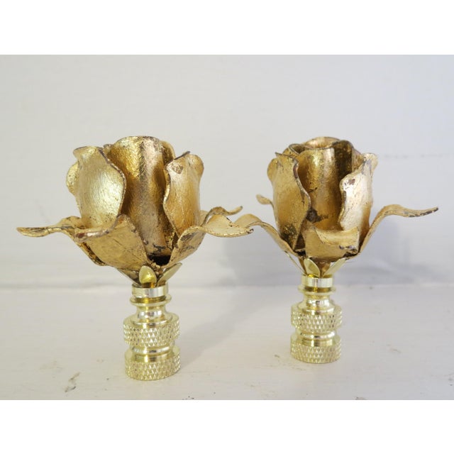 Vintage Mid Century Modern Italian Tole Rose Lamp Finials Brilliant Gold Leaf Restored. Luxury - a Pair For Sale - Image 4 of 5