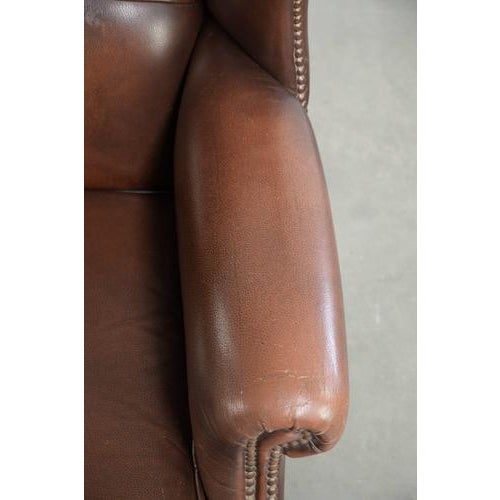 Brown English Cowhide Wing Armchair For Sale - Image 8 of 12