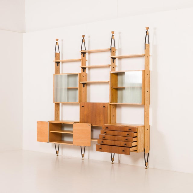 Mid-Century Modern Mid-Century Floor to Celling Wall Unit in Teak and Ash, Czechoslovakia, 1960s For Sale - Image 3 of 18