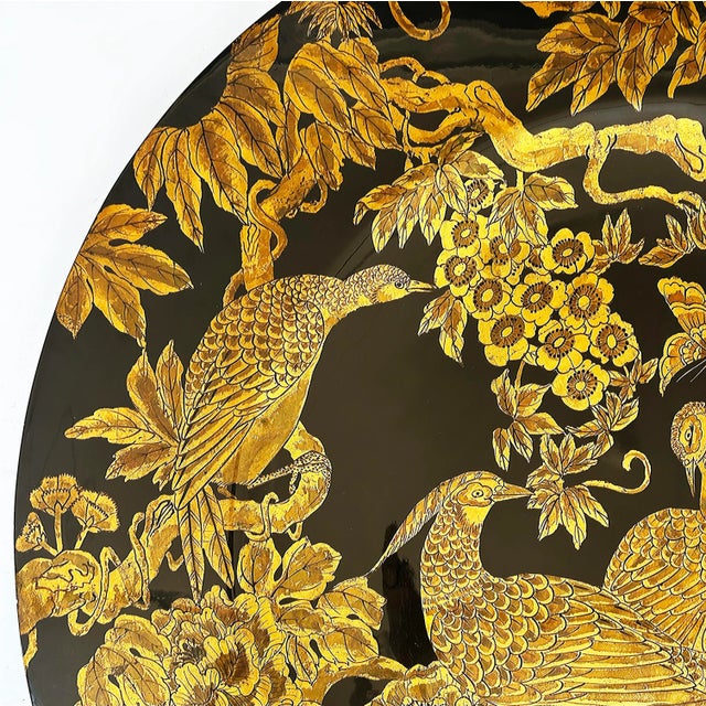 Wood Large Late 20th Century Asian Black Lacquer Gilt Wood "Bird" Charger on Stand, Hand Painted For Sale - Image 7 of 9