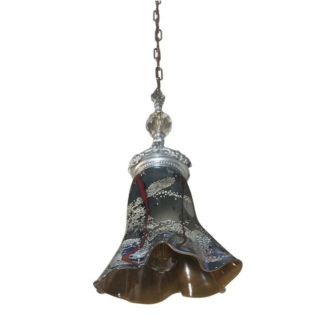 Antique Silver Tone Sculptural Med Goat Head & Abstract Art Glass Pendant Light For Sale - Image 11 of 18