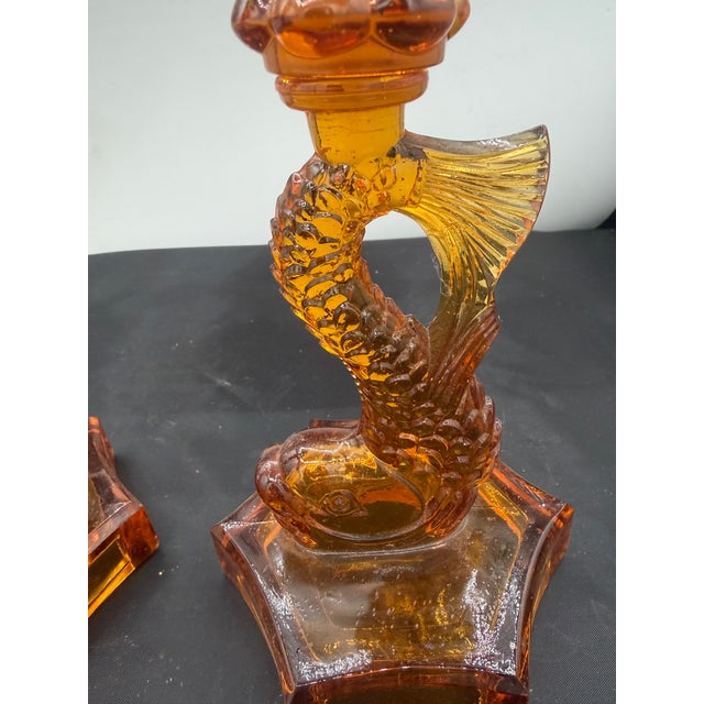 1950s 1950s Pair of Amber Colored Glass Dolphin Candlesticks For Sale - Image 5 of 6