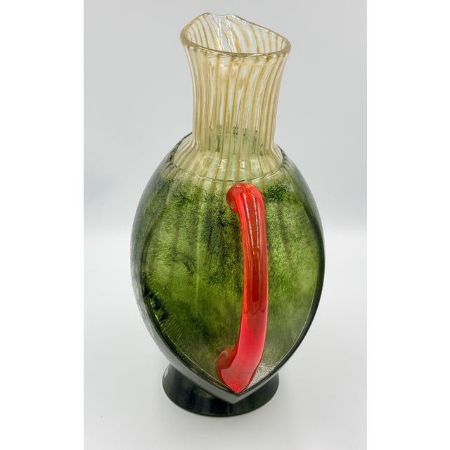 Green Kosta Boda by Kjell Engman Signed "Corfu" Art Glass Jug Orange Handle #7080512 For Sale - Image 8 of 12