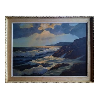 Mid-20th Century Moody Coastal Seascape Oil Painting, Framed For Sale