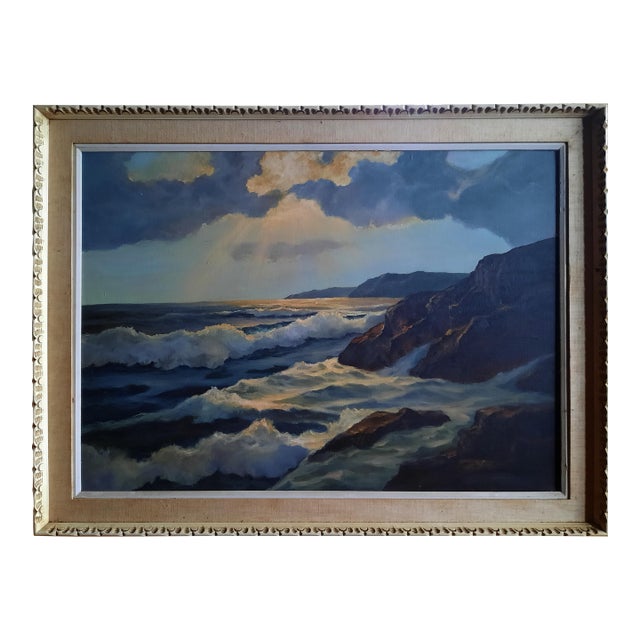 Mid-20th Century Moody Coastal Seascape Oil Painting, Framed For Sale