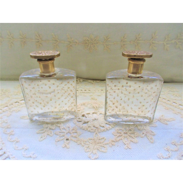 Antique Pair of Signed Ltyptane Paris Gold Star Design with Ornate Gold Stoppers Perfume Bottles For Sale - Image 4 of 13