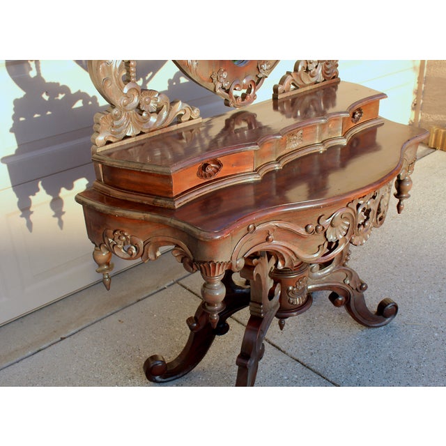 Gemstone Antique Rococo Revival Vanity Table - Hand-Carved Mirror, Floral & Grape Details, 19th Century For Sale - Image 7 of 16
