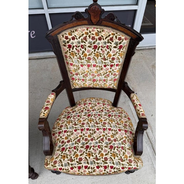 Pair of Antique Eastlake Walnut Parlor Chairs With Floral Upholstery For Sale - Image 11 of 15