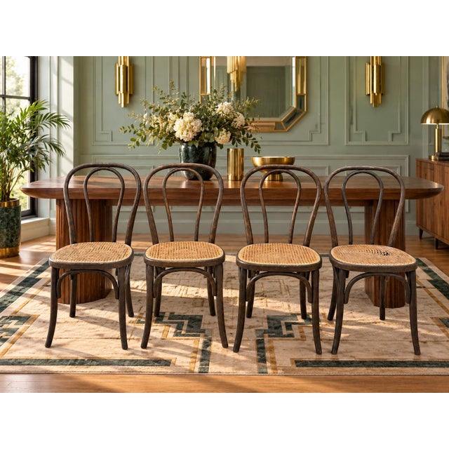 A set of four vintage bentwood chairs, likely Thonet or Thonet-style, featuring classic curved wood frames and woven cane...