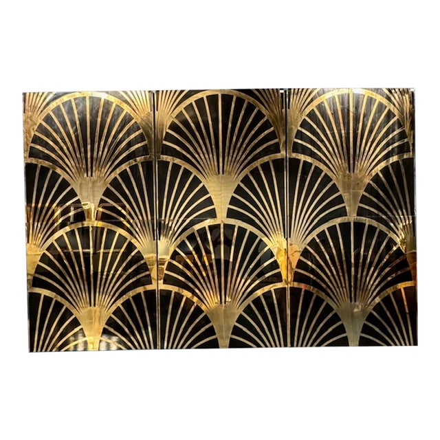 Set of Italian Black Lacquer and Brass Panels For Sale