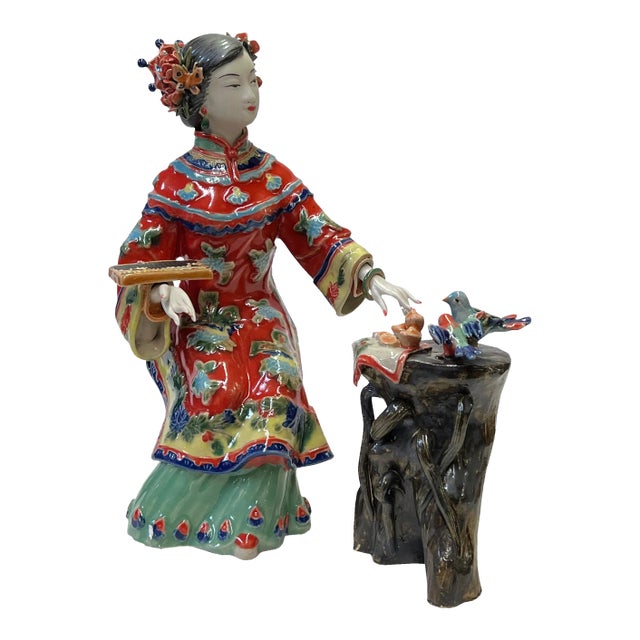 Chinese Oriental Porcelain Qing Style Dressing Abacas Lady Figure For Sale