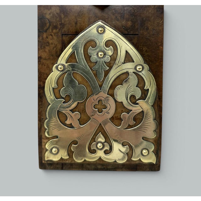 English Antique Vintage English Burl Walnut Wooden Brass Inlaid Book Slide Bookslide 19c For Sale - Image 3 of 6