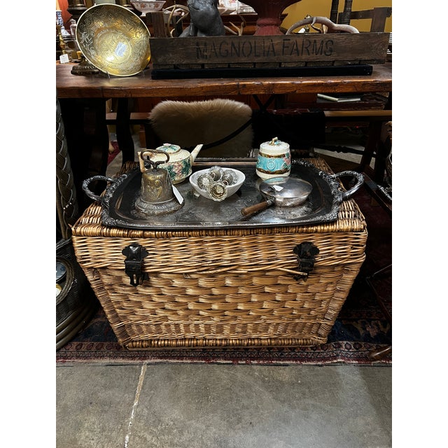 1930s French Woven Wicker Travel Trunk W/Metal Hardware For Sale - Image 15 of 15