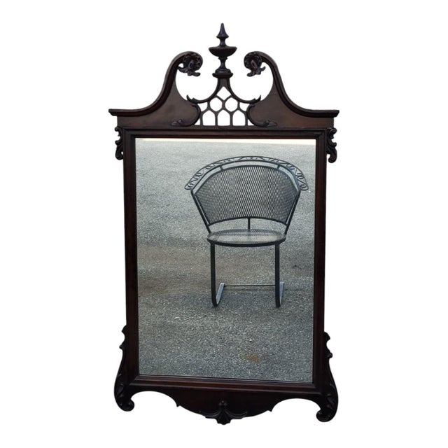 Antique 1920s Chippendale Carved Mahogany Wall Mirror Pediment Crest Mirror For Sale - Image 4 of 16