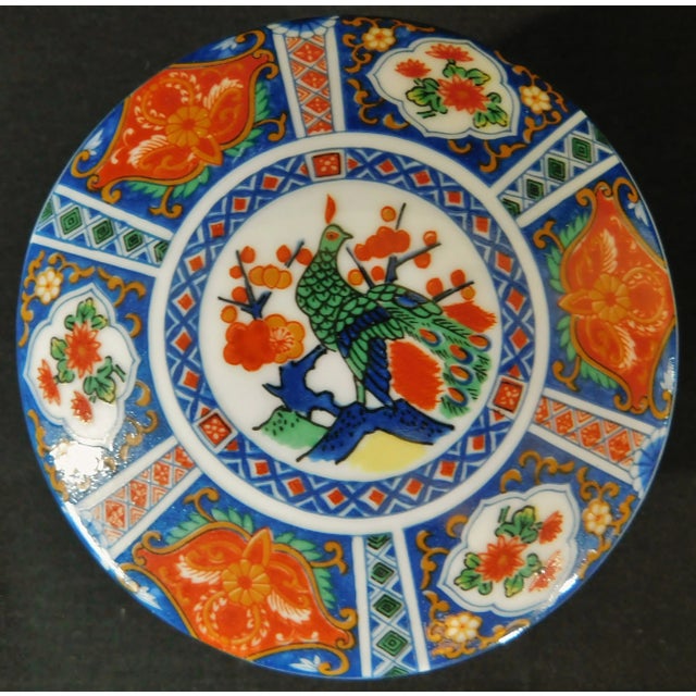 Chinese Vintage Chinese Hand Painted Red & Blue Peacock Floral Round Porcelain Trinket Dresser Box For Sale - Image 3 of 9