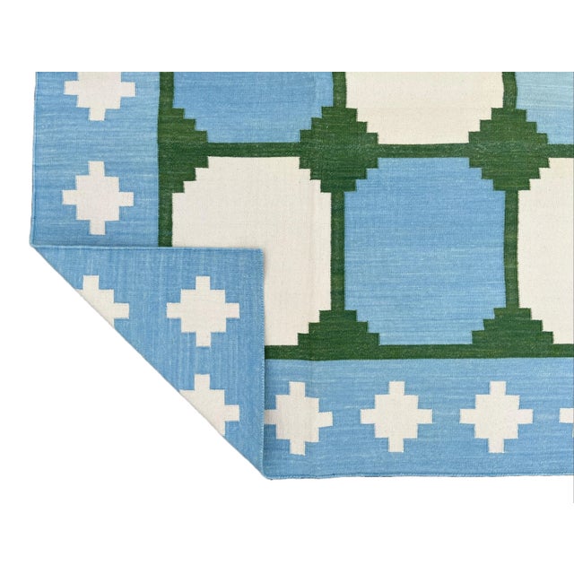 Casa Cosima Handmade Cotton Area Rug Vegetable Dyed Sky Blue and Green Vista Rug-9'x12' For Sale - Image 4 of 11