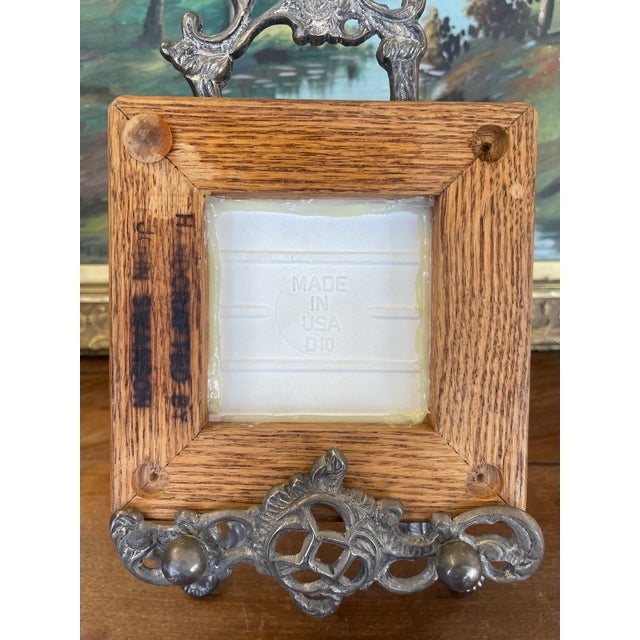 Vintage Handcrafted Ceramic Tile With Likely Oak Frame and Blue Floral Motif, Made in Usa. For Sale - Image 9 of 9