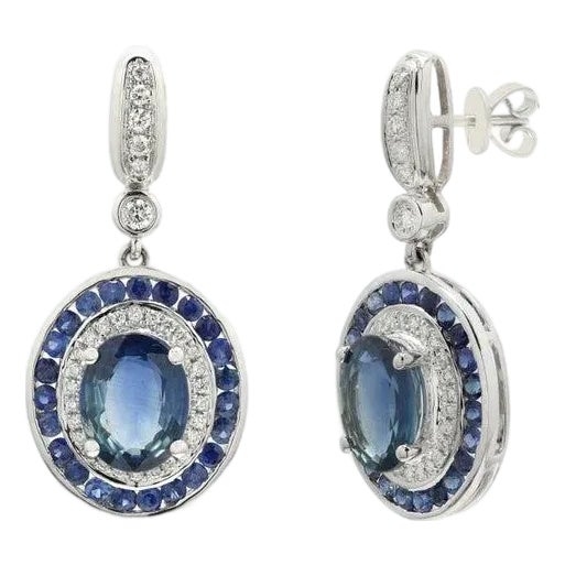 5.61Ct Deep Blue Sapphire Art Deco Earrings in 14k Solid Gold With Diamonds- A Pair For Sale