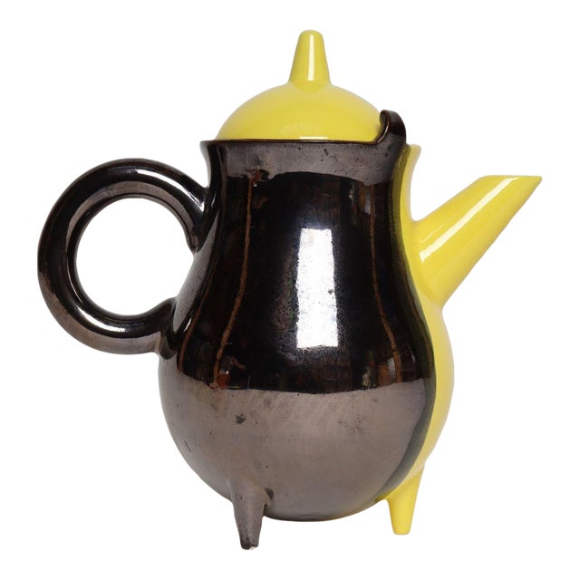 Vintage Vallauris Two Tone Gray and Yellow Ceramic Teapot by Auguste Lucchesi For Sale