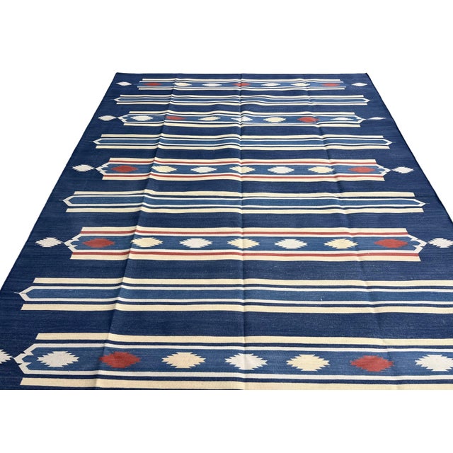 Handmade Cotton Area Rug, Vegetable Dyed, Indigo Blue, Cream and Terracotta Striped Dhurrie -6'x9' For Sale - Image 11 of 13