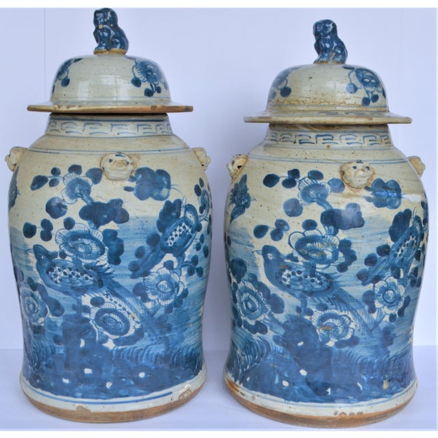Chinoiserie Chinoiserie White & Blue Baluster Temple With Birds / Ginger Jars - a Pair For Sale - Image 3 of 5