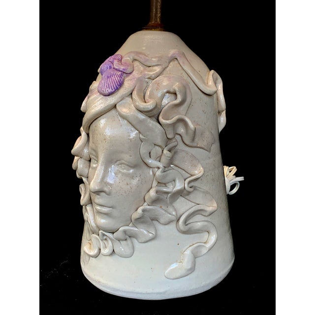 Studio Art Pottery Face Table Lamp With Purple Details, Signed Chairish
