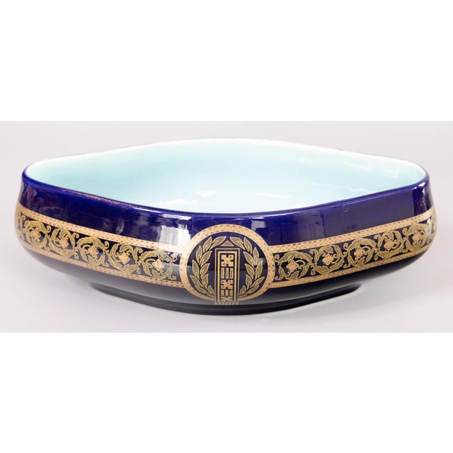 Art Nouveau Antique Neoclassical French Sarreguemines Majolica Cobalt Blue & Gilt Oval Centerpiece Bowl For Sale - Image 3 of 10