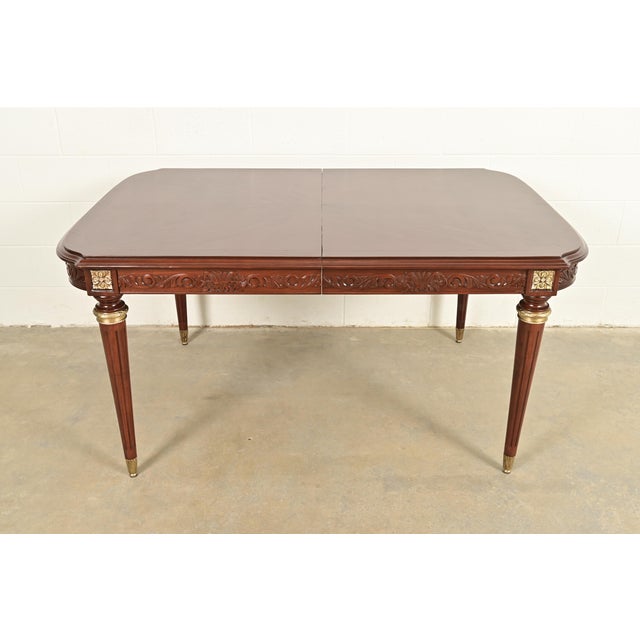 Wood Maison Jansen Style French Regency Louis XVI Mahogany and Gilt Bronze Extension Dining Table, Newly Refinished For Sale - Image 7 of 15