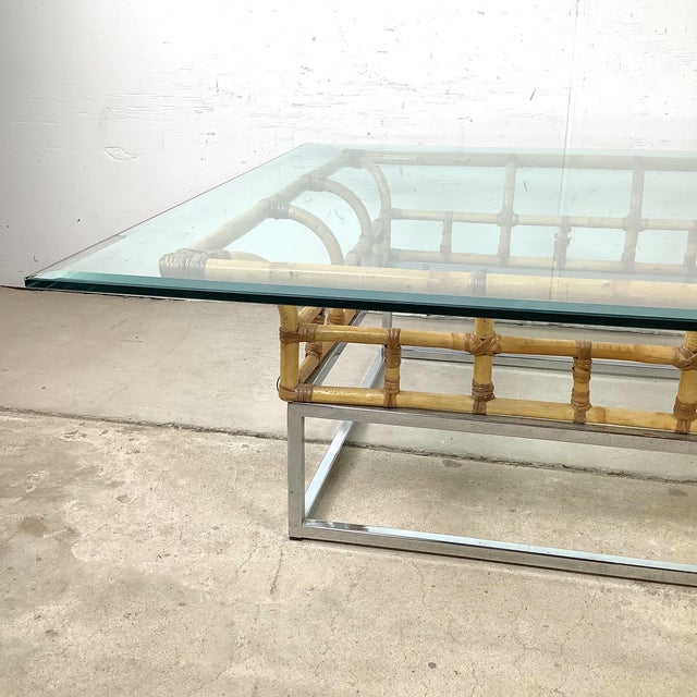 1970s Hollywood Regency Bamboo and Chrome Square Glass Coffee Table For Sale In Philadelphia - Image 6 of 18