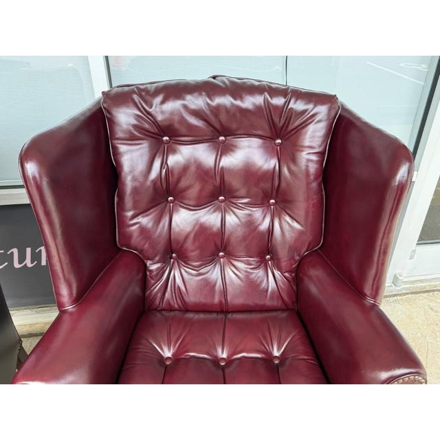 Pair of Vintage Maroon Leather Wingback Chairs by Classic Leather For Sale - Image 9 of 17