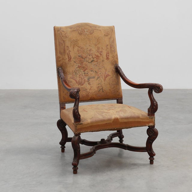 Carved Walnut Armchair with Scrolling and Tapestry Upholstery, France, 1800 For Sale - Image 16 of 16