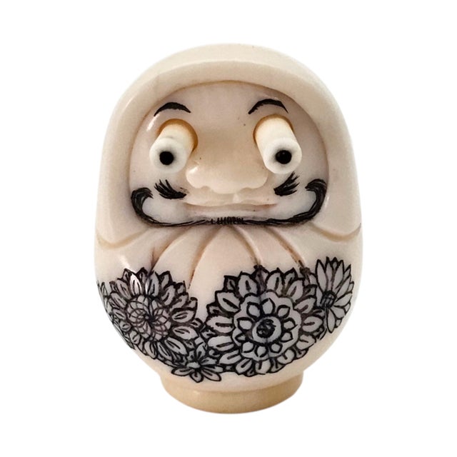 Japanese Signed Japanese Daruma Netsuke With Tobi-Dashi (Extending) Eyes, Miniature, 1" For Sale - Image 3 of 14