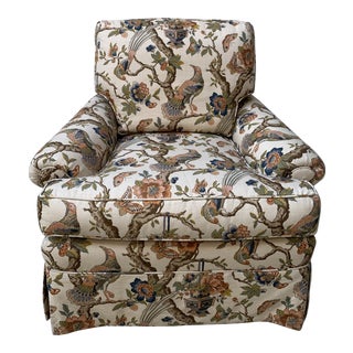 Mid 20th Century Traditional Custom Floral and Bird Linen Chair For Sale