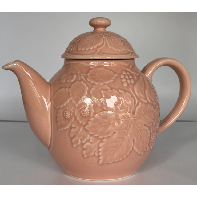 Pink Majolica Style Blush Pink Woodland Berry and Fruit Motif Tea Pot After Bordallo Pinheiro For Sale - Image 8 of 10