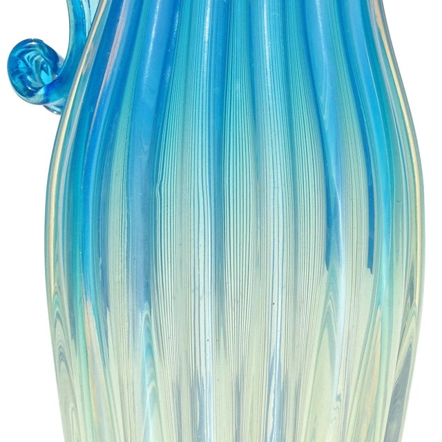 Sky Blue Vintage Murano Fratelli Toso Tall Opalescent Sky Blue White Fade Italian Ribbed Art Glass Pitcher Flower Vase For Sale - Image 8 of 10