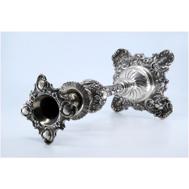 Embossed Silver Candlestick with Square Base and Cut-Out Supports For Sale - Image 5 of 11