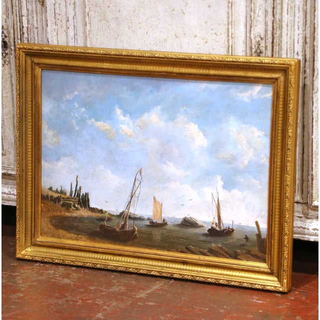 This atmospheric antique marine painting was crafted in France circa 1880. Executed in oil on canvas, the coastal scene...