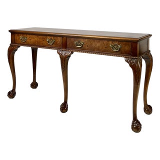 Vintage Baker Furniture Chippendale 5-Leg Burl Walnut & Mahogany Console Table For Sale