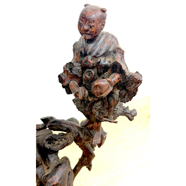 Monumental Chinese Rootwood (Burl) Daoist Sage with Attendants, Late Qing For Sale - Image 14 of 18