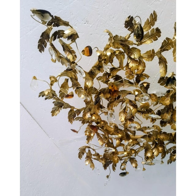 Large Monumental Wrought Iron Leaf & Crystal Rectangular Flush-Mount Chandelier Hollywood Regency 1990ss For Sale - Image 10 of 17