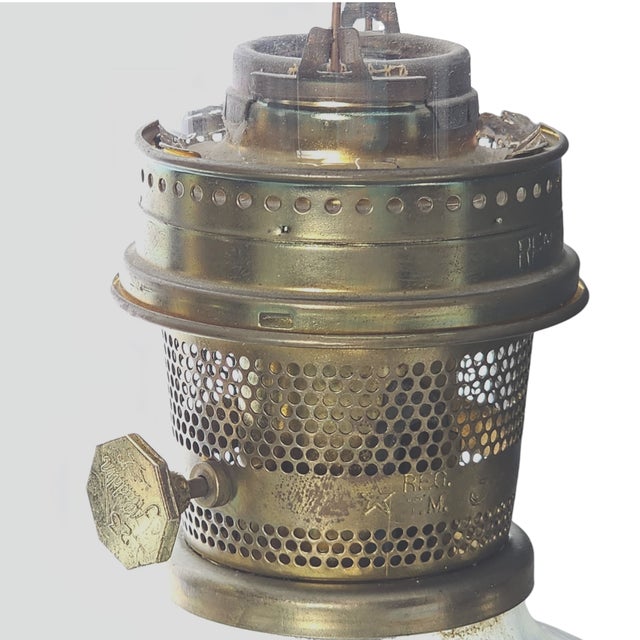 Aladdin Model 23 Glass & Brass Oil Lamps – Pair With Original Chimneys For Sale - Image 9 of 13
