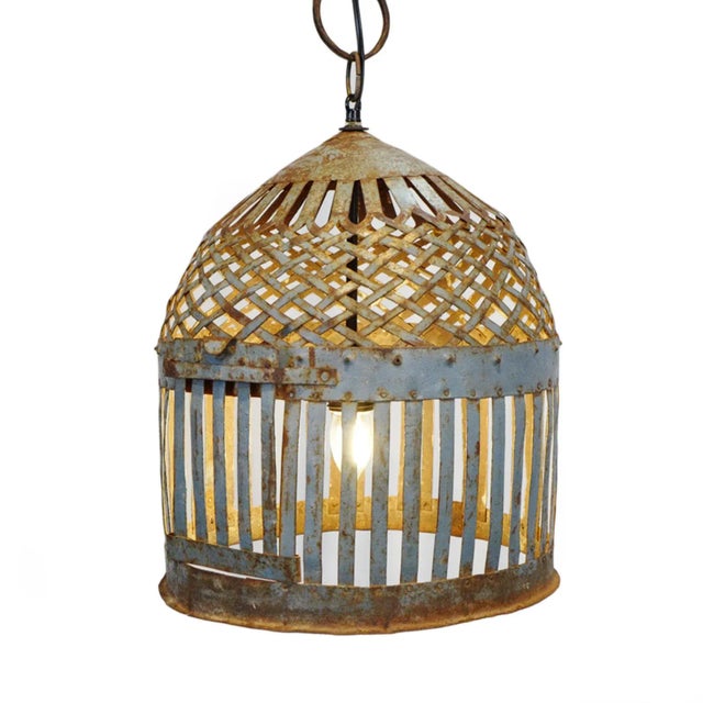 Original vintage iron basket cage, repurposed into unique industrial farm style lighting fixture. Beautiful aged and...