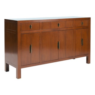 Transitional Cherry Wood Sideboard with Brass Geometric Hardware, 1980s For Sale