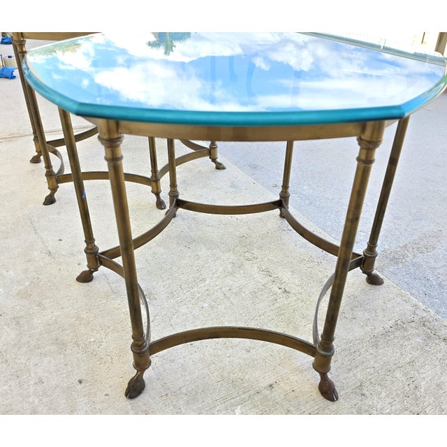 Vintage Labarge Side Tables Brass Glass Hoof Footed Octagonal Pair For Sale - Image 14 of 17