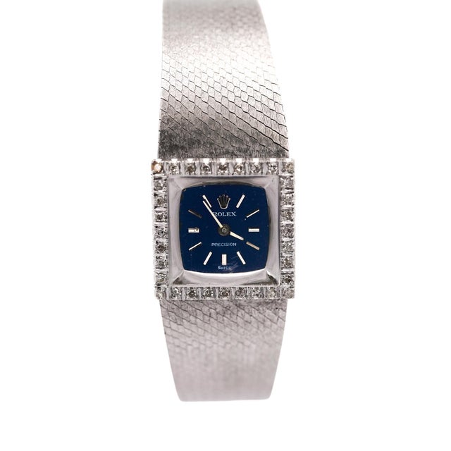 Blue 1970s Rolex Precision 2157 Ladies 18k White Gold Diamond Bezel Blue Dial Watch 1972 For Sale - Image 8 of 12