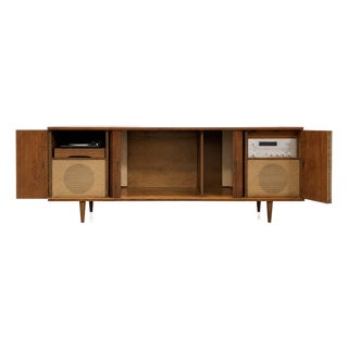 Extra Long Mid Century Modern Tambour Door Garrard Cabinet | Walnut Credenza Sideboard, C. 1960’s For Sale