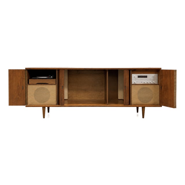 Extra Long Mid Century Modern Tambour Door Garrard Cabinet | Walnut Credenza Sideboard, C. 1960’s For Sale