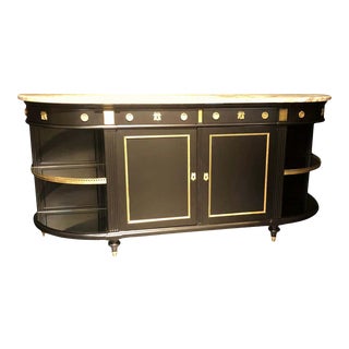 Jansen Hollywood Regency Sideboard, Console, Ebony W Marble Top and Bronze Deco For Sale