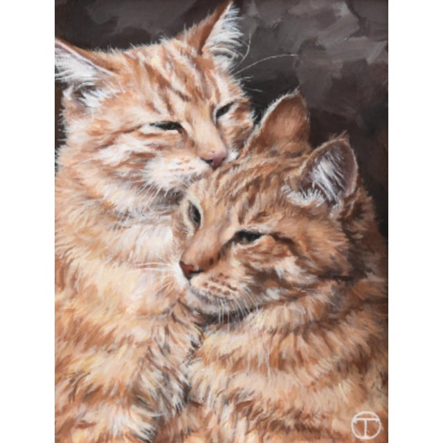 Abstract Two Orange Striped Cat Kitten Portrait Painting Including the Antiqued Gold Wood Frame For Sale - Image 3 of 5
